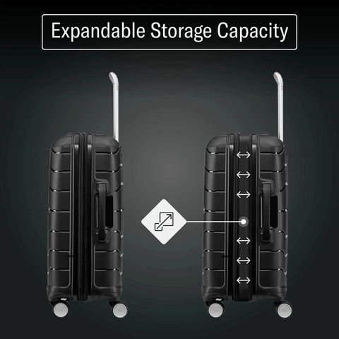 Side view of Freeform Hardside Carry On Luggage With Spinner Wheels By Samsonite, showing expandable feature, black, TSA approved.
