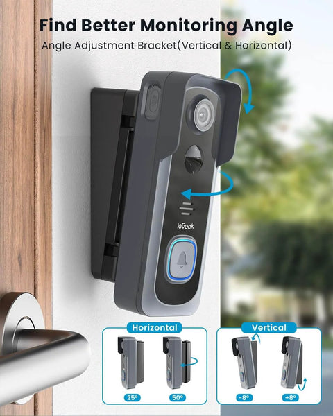 Installed 2K Wireless Doorbell Camera With Adjustable Mount No Monthly Fee Local SD Storage Real-Time Alerts Motion Detection 2-Way Talk With Voice Changer Built-In Chime 2.4GHz WiFi Pan And Tilt Angles Easy Install