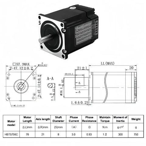 Technical diagram and specifications of Nema 23 57mm Stepper Motor Kit With Integrated Smart Servo System Encoder And Driver for CNC use