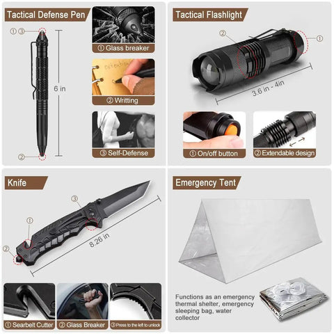 238 Piece Emergency Survival Kit And First Aid Kit with Tactical Defense Pen, Flashlight, Knife, and Emergency Tent features