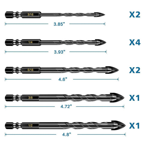 Masonry Drill Bit Set For Tile Brick Glass Plastic And Wood With Tungsten Carbide Tip 10 Pcs shown with size labels