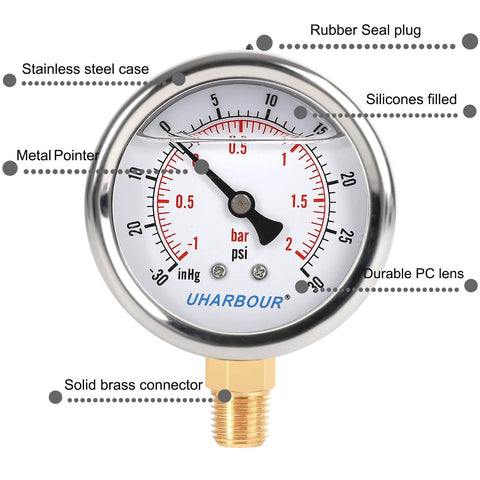 UHARBOUR glycerin-filled vacuum gauge, 2-1/2 in dial, brass bottom NPT, stainless steel case, -30HG/30PSI.