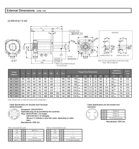 CHUNYE SGMGV servo motor SGMGV-13ADC6C 1.3 kW, front and side views with external dimensions.