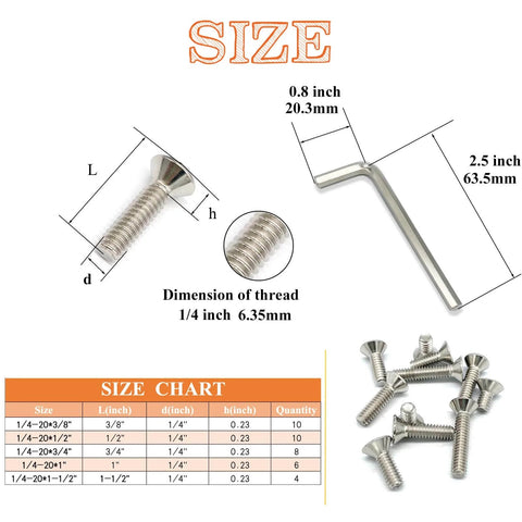 38 Piece Stainless Steel Socket Cap Screws Set With Countersunk Heads 1/4-20 Thread Five Sizes And Allen Keys Includes 3/8 1/2 3/4 1 And 1-1/2 Inch Lengths Corrosion Resistant 304 Stainless Hardware Kit For DIY with size chart and Allen key.