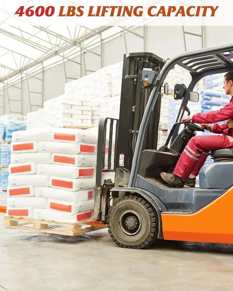 Forklift with 96 Inch Pallet Forklift Extensions Heavy Duty 4600 Lb Capacity 4.5 In Width Pair lifting pallet in warehouse