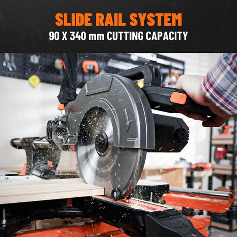 Pro Grade 10 Inch Sliding Miter Saw For Multi Material Cuts With Dual Speed Control, 3 TCT Blades, in use on wood