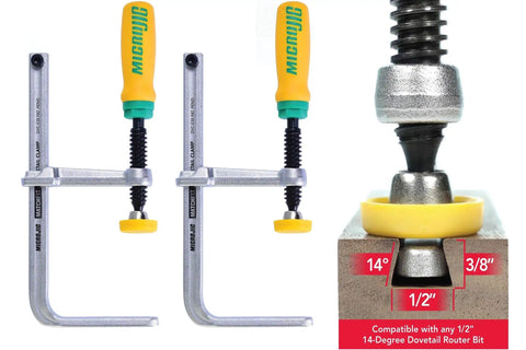 Matchfit Dovetail Clamps Four Pack Exclusive Bundle With Dovetail Router Bit One Quarter Inch Shank shown with grip handles and dovetail groove.