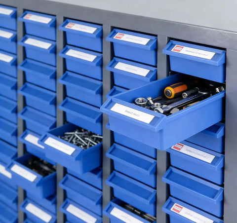 75 Drawer Bolt Bin Organizer With ABS Drawers, Industrial Parts Cabinet For Nut And Bolt Storage, drawers with tools and labels visible