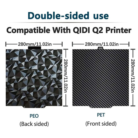Dual Sided 280x280mm Build Plate For Qidi Q2 Series 3D Printers With Carbon Fiber Look Diamond Pattern Flexible PEO PET Heated Bed Spring Steel Plate Double Sided Hot Bed Plate For Q2 Q2C Q2 Combo, showing PEO and PET textures