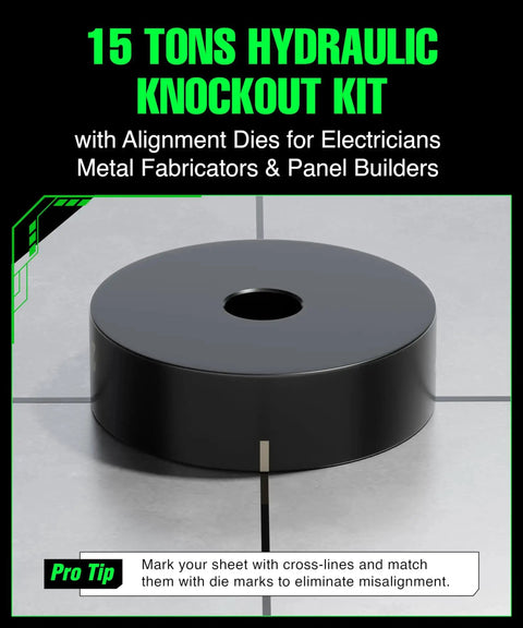 Hydraulic Knockout Punch Set 1/2 To 4 Inch, 15-Ton Capacity, shown with die on metal surface for electricians.