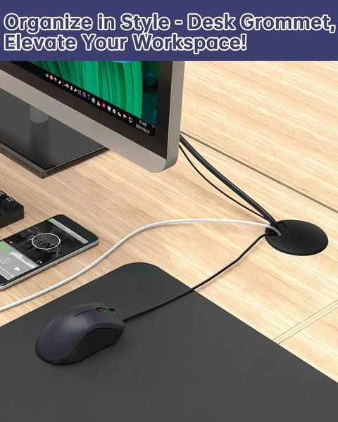 2 Inch Desk Grommet And Cable Grommet Kit Black 10 Pack With 2 Inch Hole Saw organizing cables on an office desk