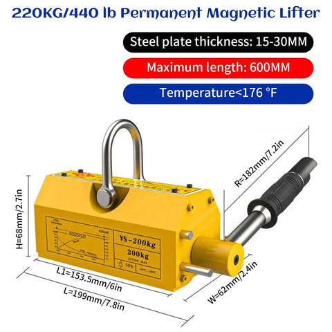 Yellow 440 lb/200 kg permanent magnetic lifter with release for lifting steel plates.