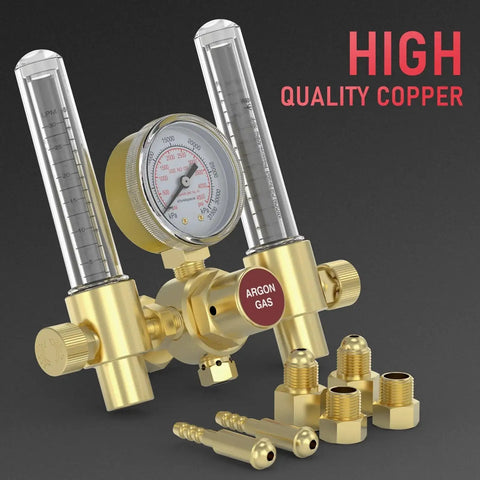Dual Output Argon Regulator Flow Meter For Mig And Tig Welding With 0 To 4500 PSI Gauge CGA580 Inlet Connection Brass Body