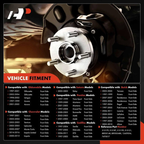 Product chart showing fitment details for a pair of front wheel hub bearing assemblies with ABS sensor and 5-lug compatibility.