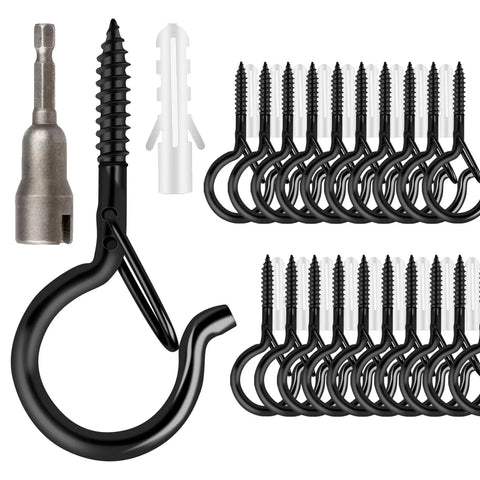 36 Piece Q Hanger Hooks With Safety Buckle for Outdoor String Lights, rustproof steel, includes wing nut driver and expansion tubes