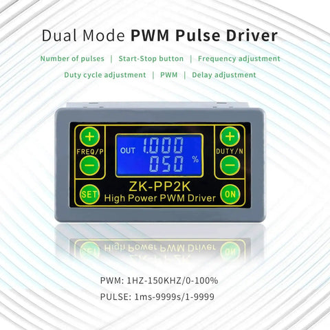 Front view of Dual Mode PWM Pulse Driver with LCD, showing frequency and duty cycle settings for Plug-and-Play PWM Pulse Generator For Motor Speed Control With LCD Readout, 1Hz To 150KHz Frequency Range, Swappable PWM Or Pulse Mode, Adjustable Driver Module, 3.3V To 30V Supply, DIY Friendly, High Power Signal Generator.