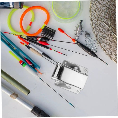 Stainless Steel Fish Cleaning Clamp Five Pack Multi Use Tail Stabilizer Tool with fishing accessories on a white background