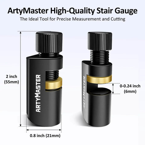Stair Gauges With Rubber Pad For Framing Square And Circular Saw, black aluminum with anti-slip copper clamps, side view.