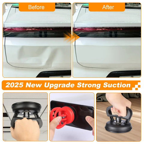 Before and after photo of a car dent repair using Comprehensive Dent Puller Kit For Cars Three Pack Paintless Dent Repair With Strong Suction Cups Auto Body Dents Fix Easy Grip Ergonomic Handles Gray Black Anatason.