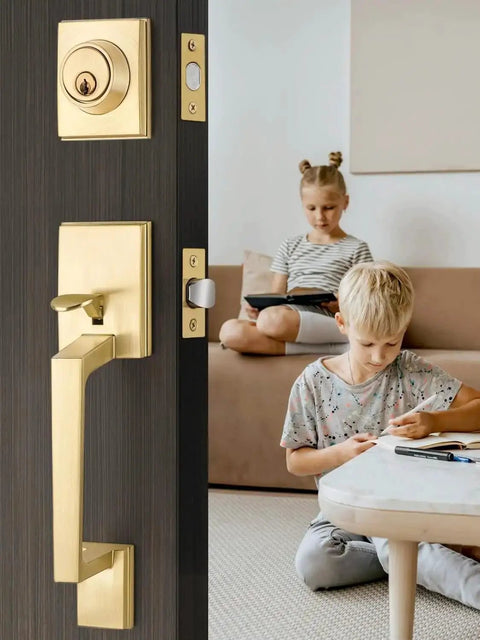 Double Front Door Handle Set With Satin Brass Exterior Lock Front Door Handle And Single Cylinder Deadbolt Heavy Duty Door Hardware
