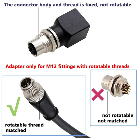 Diagram showing compatibility for M12 X-Coded 8-Pin Female To RJ45 Ethernet Adapter For Industrial Switches and Machines, IP67.