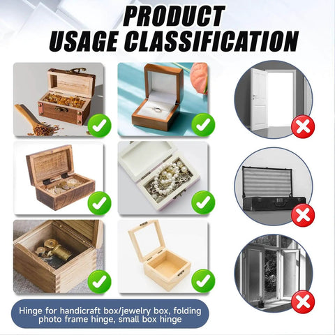 Product usage classification showing suitable uses for 60 Pcs Small Brass Antique Miniature Hinges with checkmarks and crosses.