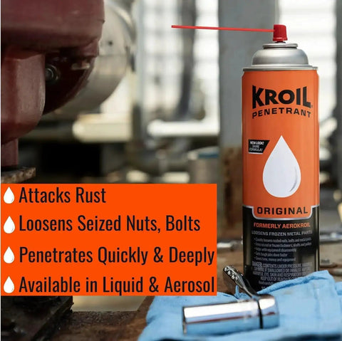 Penetrating Oil For Rusted Bolts And Moving Parts Aerosol Spray 10oz Can, 12 Pack, industrial rust penetrant spray on workbench.
