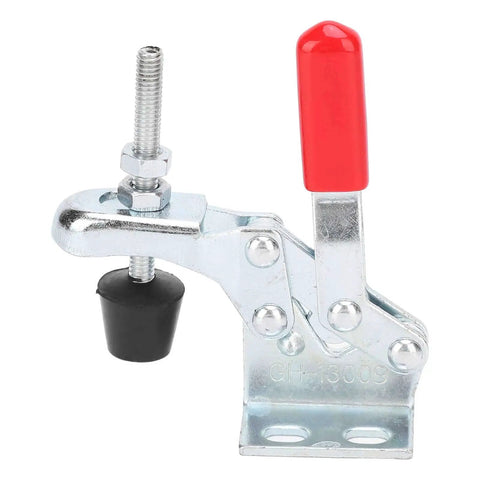 Front view of a zinc-plated steel quick release toggle clamp with red handle from Five Pack Quick Release Toggle Clamps With 66Lb Clamping Force For Woodworking And Welding, Vertical Workholding Fixture Tools, Easy Release, Beefy Durable Build For Secure, Slip Free Hold On Projects.