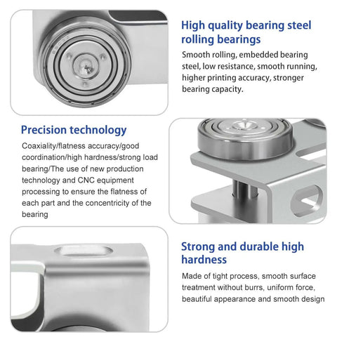 Close-up of four wheel light duty trolley assembly for 1-5/8 inch channel strut, showcasing high quality bearing steel and precision technology.