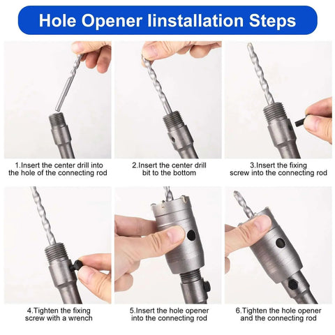 Installation steps for Dry Core Drill Bit Set For Concrete, detailing drill bit and rod assembly with hands and tools