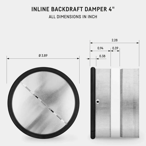 Side and top view of Inline 4 Inch Backdraft Damper With One Way Airflow Check Valve for ducting, spring loaded shutter, airtight seal.