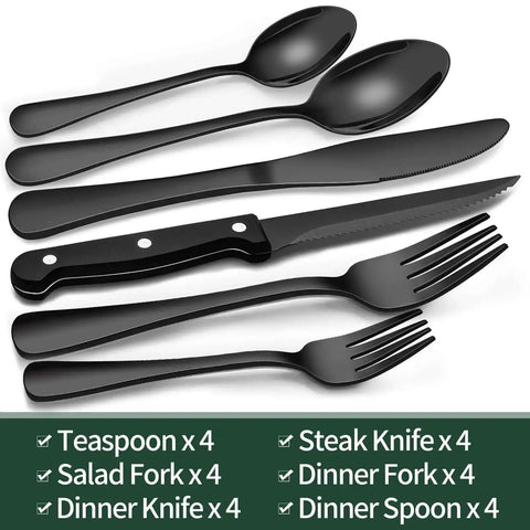 Black Flatware Set For 4 With Steak Knives 24 Piece Stainless Steel Cutlery
