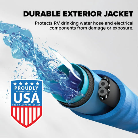 Blue heated RV water hose with durable exterior jacket and water splash