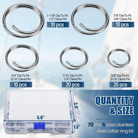 70 Piece Stainless Steel Cotter Ring Kit With Five Sizes For Marine Use displayed with labeled sizes in a clear storage box.