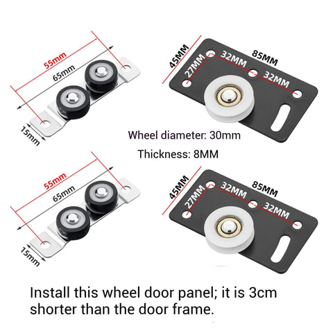 Triple Track Sliding Door Hardware Kit With Heavy Duty Aluminum Rails, roller wheel and panel measurements in black.