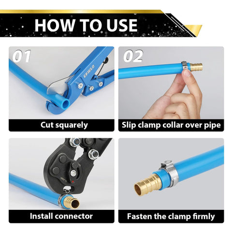Pack of 10 Foskan brass PEX reducing coupling fittings with blue tubing and crimp tool, step-by-step install guide.