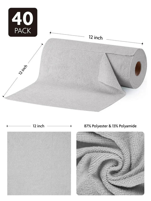 12x12 Inch Tear Away Microfiber Cloth Roll 40 Pack Reusable Washable Towels showing roll and material composition