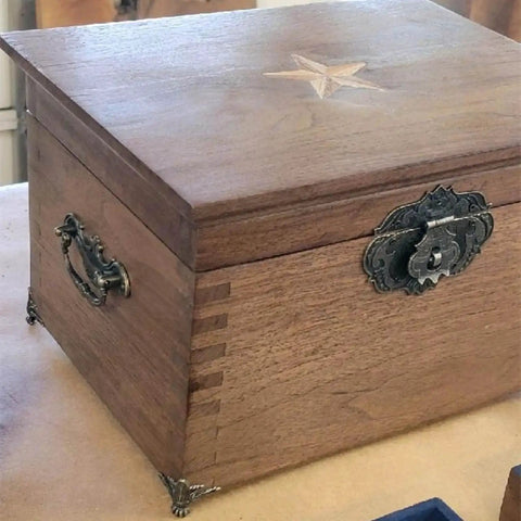 Wooden jewelry box featuring Two Pack Vintage Antique Bronze Drawer Pull Handles For Drawers Jewelry Boxes Cabinets And Furniture Hardware.