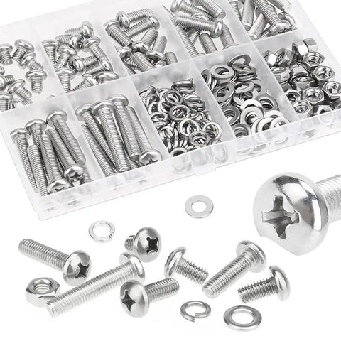 Stainless Steel M4 Phillips Pan Head Machine Screw Set, 370 Pieces, 7 Sizes From 6mm To 30mm With Nuts, Flat Washers, And Lock Washers