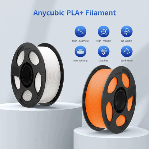 Two spools of Anycubic PLA+ Filament, showcasing high toughness and precision, next to icons illustrating key features.