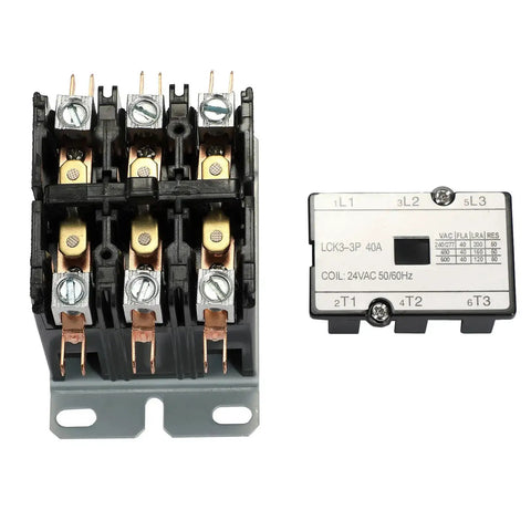 Front view of Three Pole 40 Amp 24 Volt AC Coil Definite Purpose Air Conditioner Contactor with Quick Connect Terminals and Lug Screws.