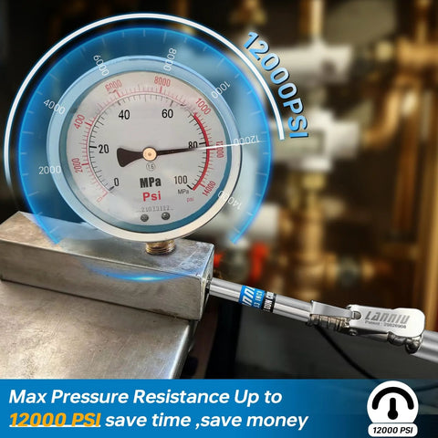 Grease Gun Coupler Kit With 12000 PSI Strength All In One Kit Extra Reach 90 Degree Adapter on pressure gauge display