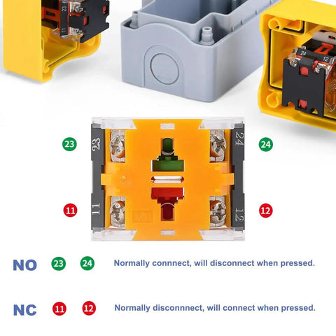 Red Emergency Stop Button Switch E Stop Momentary Cutoff 1NO 1NC 660V 10A internal view with connection diagram