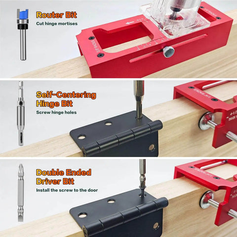 Pro Grade Heavy Duty Aluminum Door Hinge Router Jig With Scale Adjustable Mortise Template Kit in use with router bits