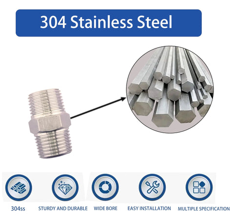 1/4 in NPT male-to-male hex nipple pipe fittings, 304 stainless steel, pack of 2