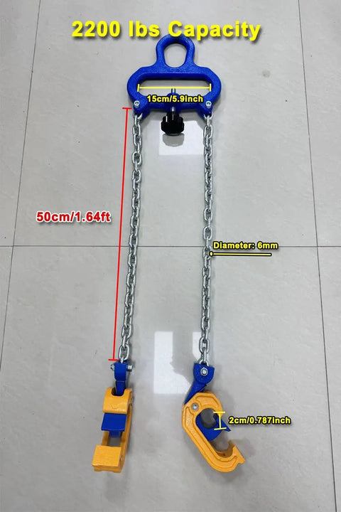 1 Ton Drum Lifting Chain With 2 Hooks For Plastic And Steel Drums 50cm Length, blue and yellow hooks visible