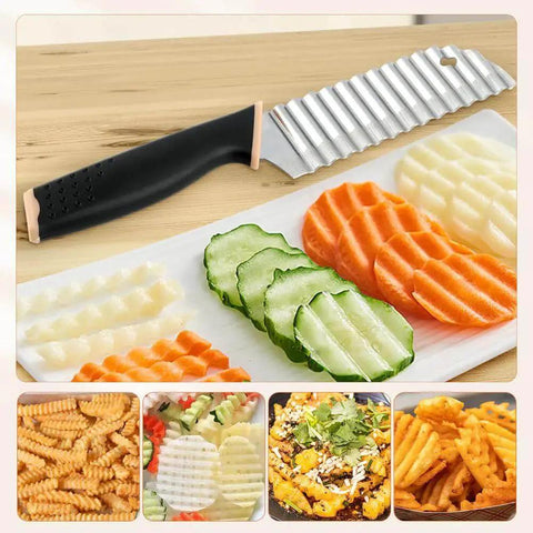 Crinkle Cutter Knife With Rubber Handle Stainless Steel Wavy Blade Fries Cutter Slicer For Potatoes Onions And Veggies Handy Kitchen Chopping Tool For Home Use Black shown with sliced vegetables.