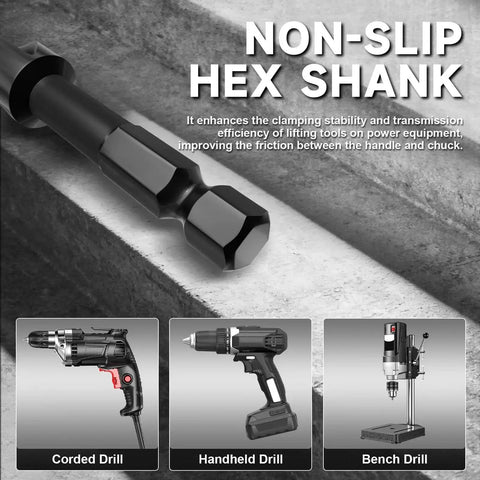 Non-slip hex shank for 8 Piece 12 Inch Long Auger Drill Bit Set For Wood With Quick Change Hex Shank Pro Grade Workhorse.