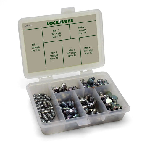 Metric Grease Fittings Set, 60 Piece Pack For Your Rig, M6 X 1 Straight And 90 Degree Angles, in plastic case, common taper style