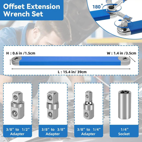 Dirciky offset extension wrench set, 15.4in blue bar; 4-piece: 3/8-1/2, 3/8-3/8 adapters, 3/8-1/4 adapters, 1/4 socket
